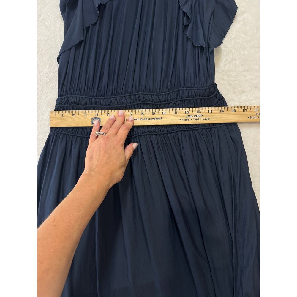 Ramy Brook Wrenn Embellished Blouson Midi Dress Size M Navy Satin Flutter Sleeve - Picture 11 of 15